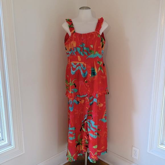 FARM Rio Dresses & Skirts - FARM RIO Womens Ipanema Red Tiered Vacation Tropical Resortwear Midi Dress LARGE